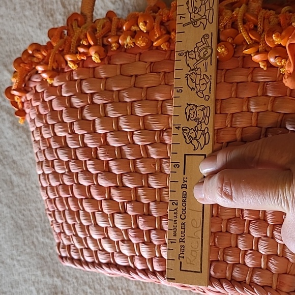 Straw Studios NWT Pink & Orange Woven Straw Totes With Button Trim - Picture 9 of 9